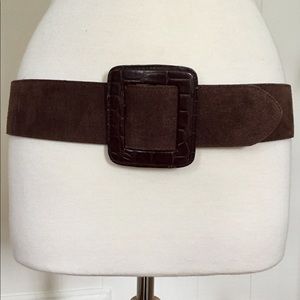 Cole Haan Brown Suede Belt with Crocodile-Embossed Buckle